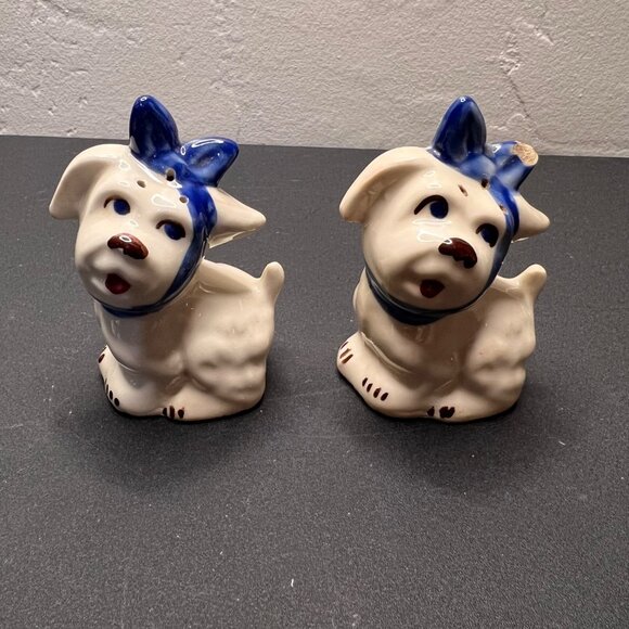Vintage Ceramic Dog Salt & Pepper Shakers With Blue Bow Design Table Decor Retro - Picture 2 of 15